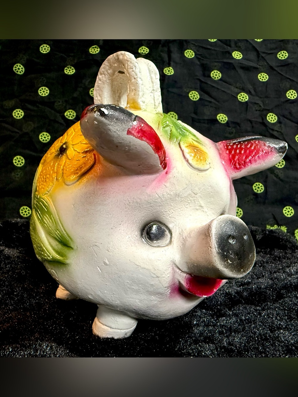 Vintage Folk Art Chalkware Piggy Bank With Painted Flowers